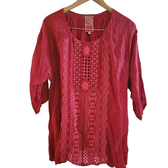 Johnny Was Red Eyelet Top lace Embroidered blouse size XL Cupro boho festival - Picture 1 of 6